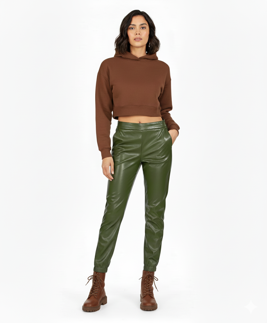 Caractere Olive Green Eco-Leather Pants