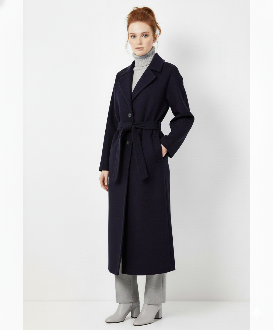 ETICI Women's Blue Long Coat with Belt