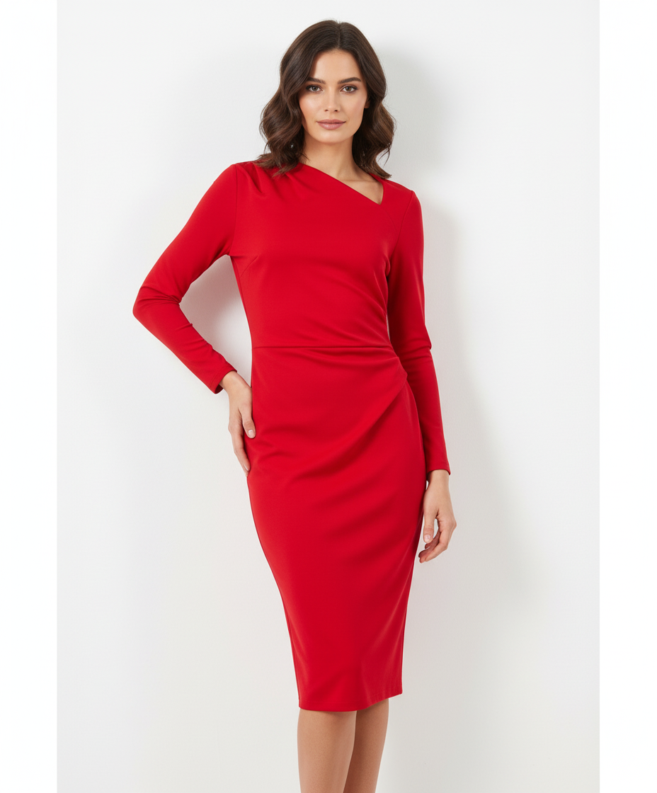 Caractere Women's Red Midi Dress with Long Sleeves