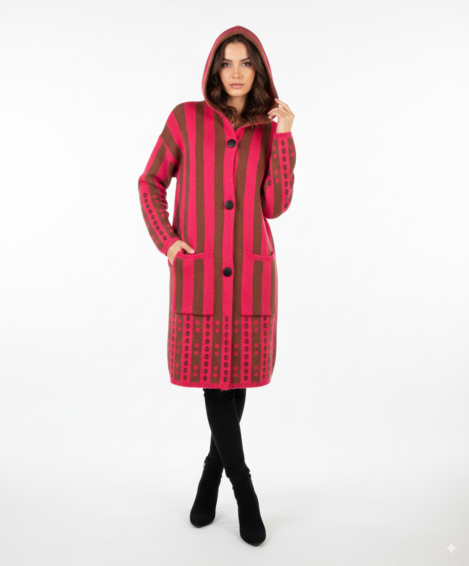 No Name Fuchsia-Brown Wool Coat with Hood