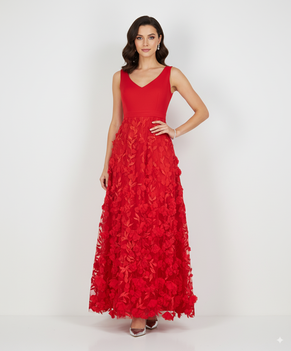 Opale Red Long Dress Muslin with Flowers