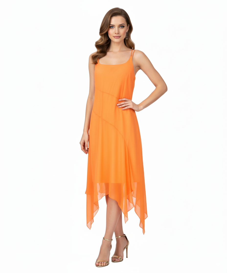 Marlys Orange Asymmetric Evening Dress with Multicolored Pashmina LH Fashion Marlys Orange Asymmetric Evening Dress with Multicolored Pashmina LH Fashion