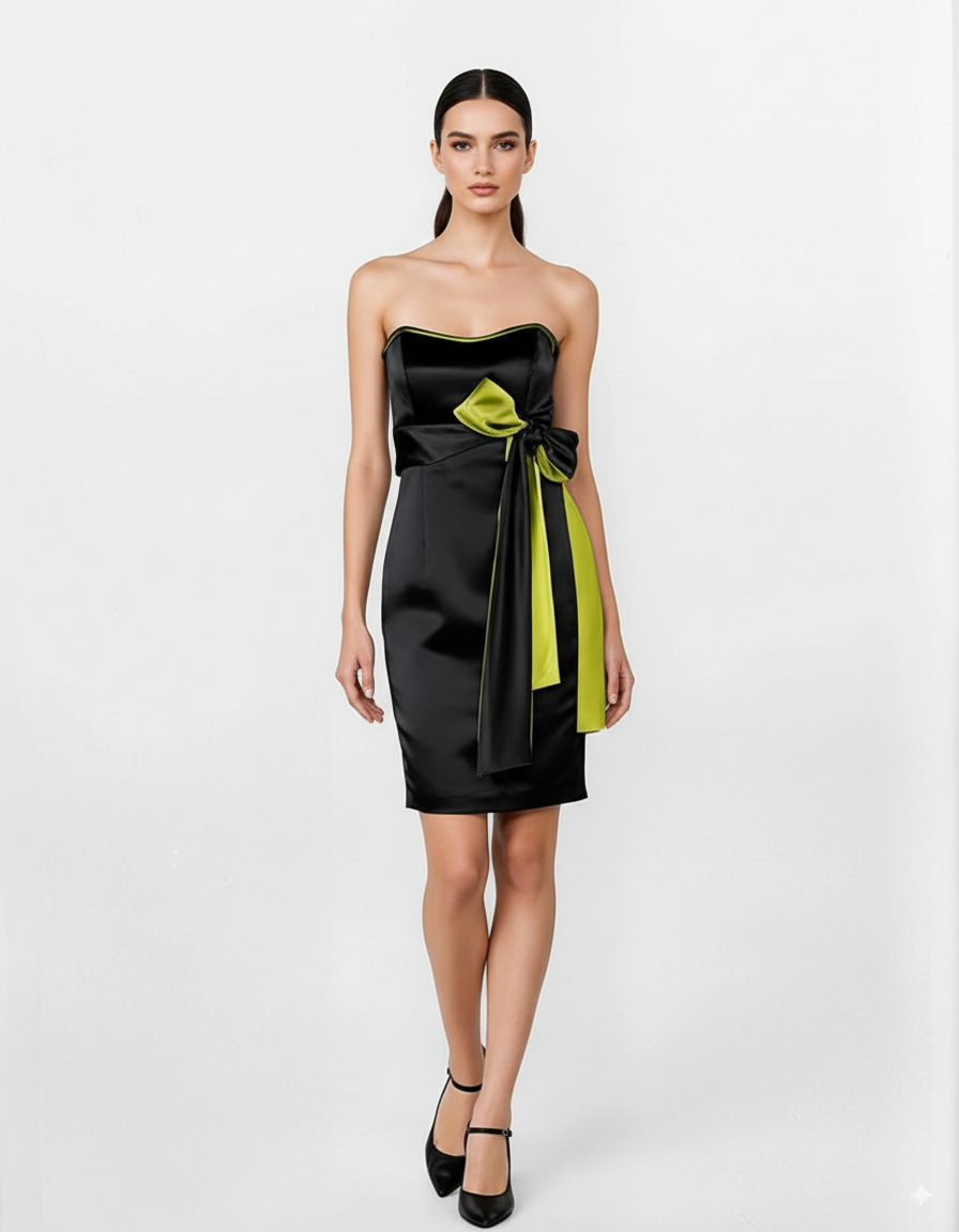 Carlo Pignatelli Mini Evening Dress Black with Lime Bow