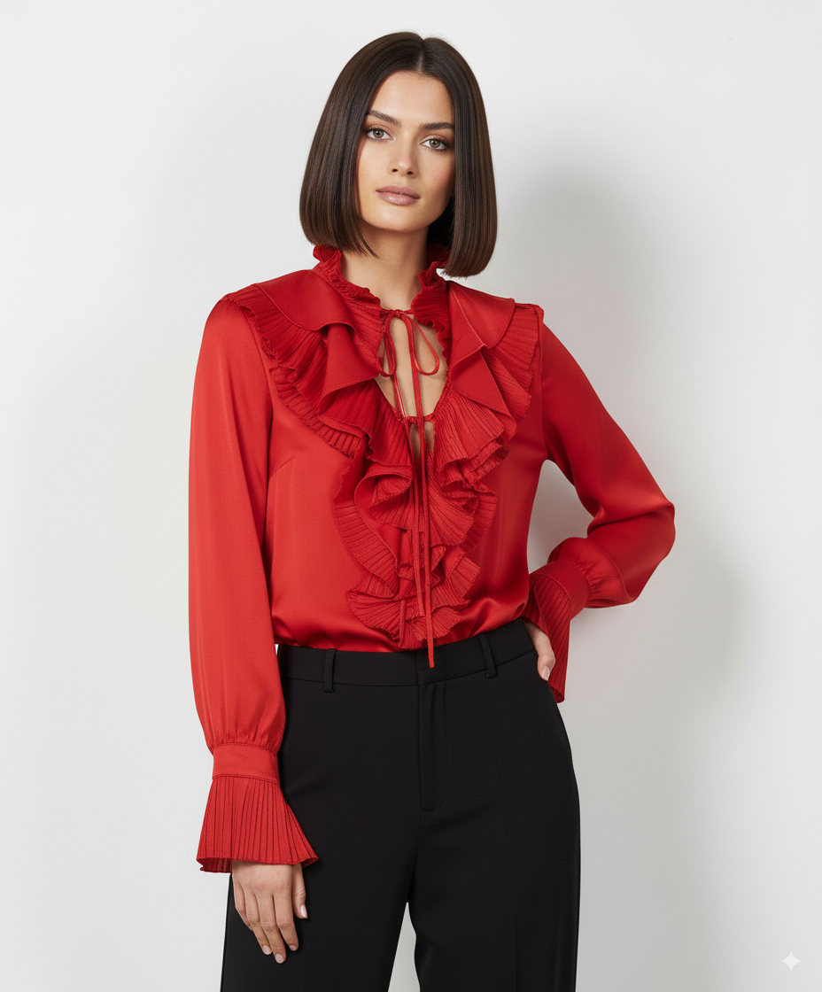 Marlys Silk Red Shirt with Ruffles – Elegance and Femininity