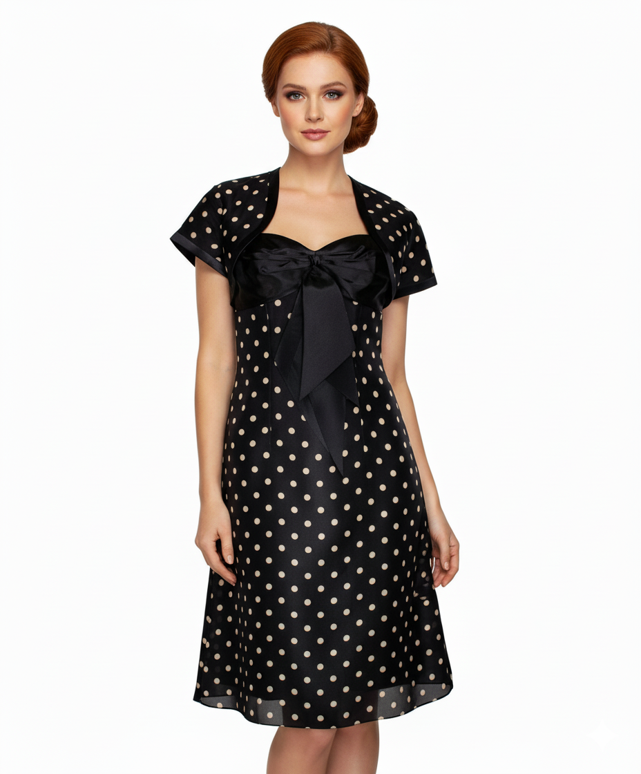 Musani Black Silk Evening Dress with Polka Dots and Satin Bow