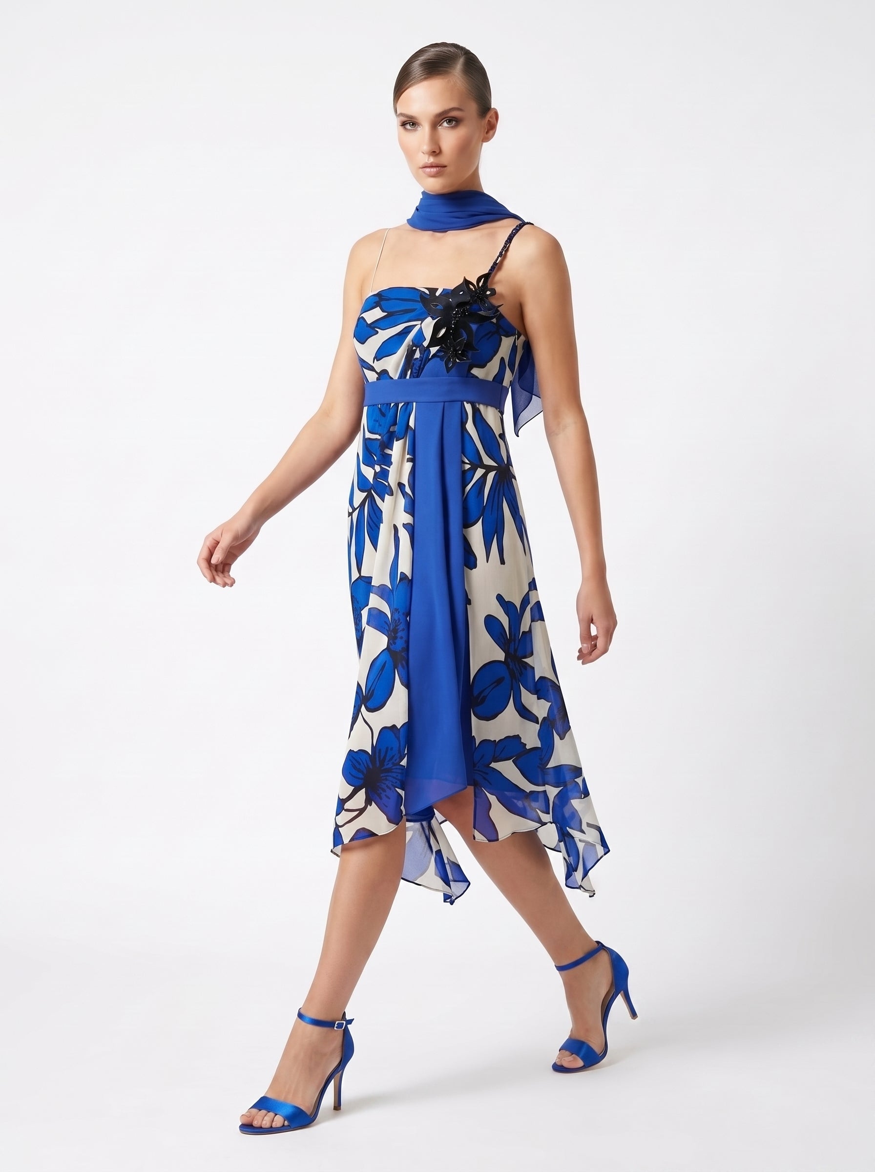 Carlo Pignatelli Strapless Φόρεμα Floral Print Sash Ζώνη & 3D Λουλούδι – Μπλε/Λευκό | Made in Italy