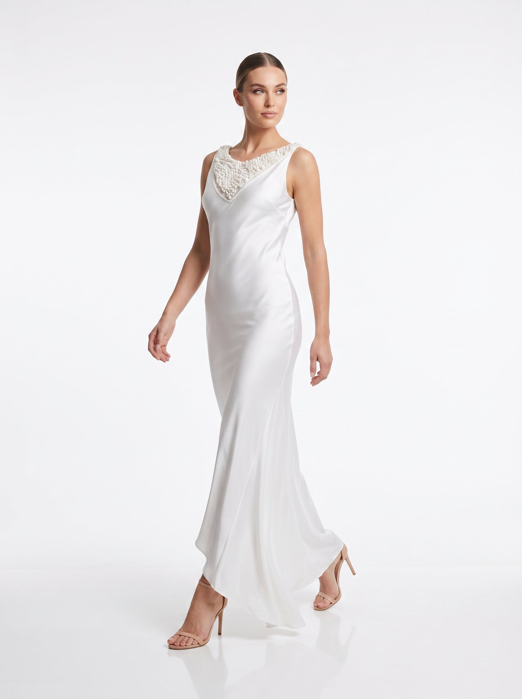 Clips Maxi Φόρεμα Jersey Asymmetric Sequin Ντεκολτέ – Λευκό | Made in Italy