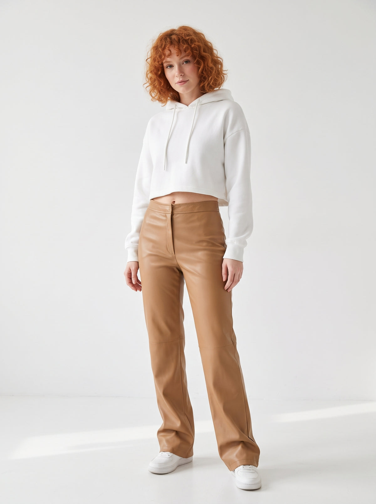 Nipal Καμηλό Δερμάτινο Παντελόνι | Leather Wide Leg Straight Ψηλόμεσο Italian Fashion