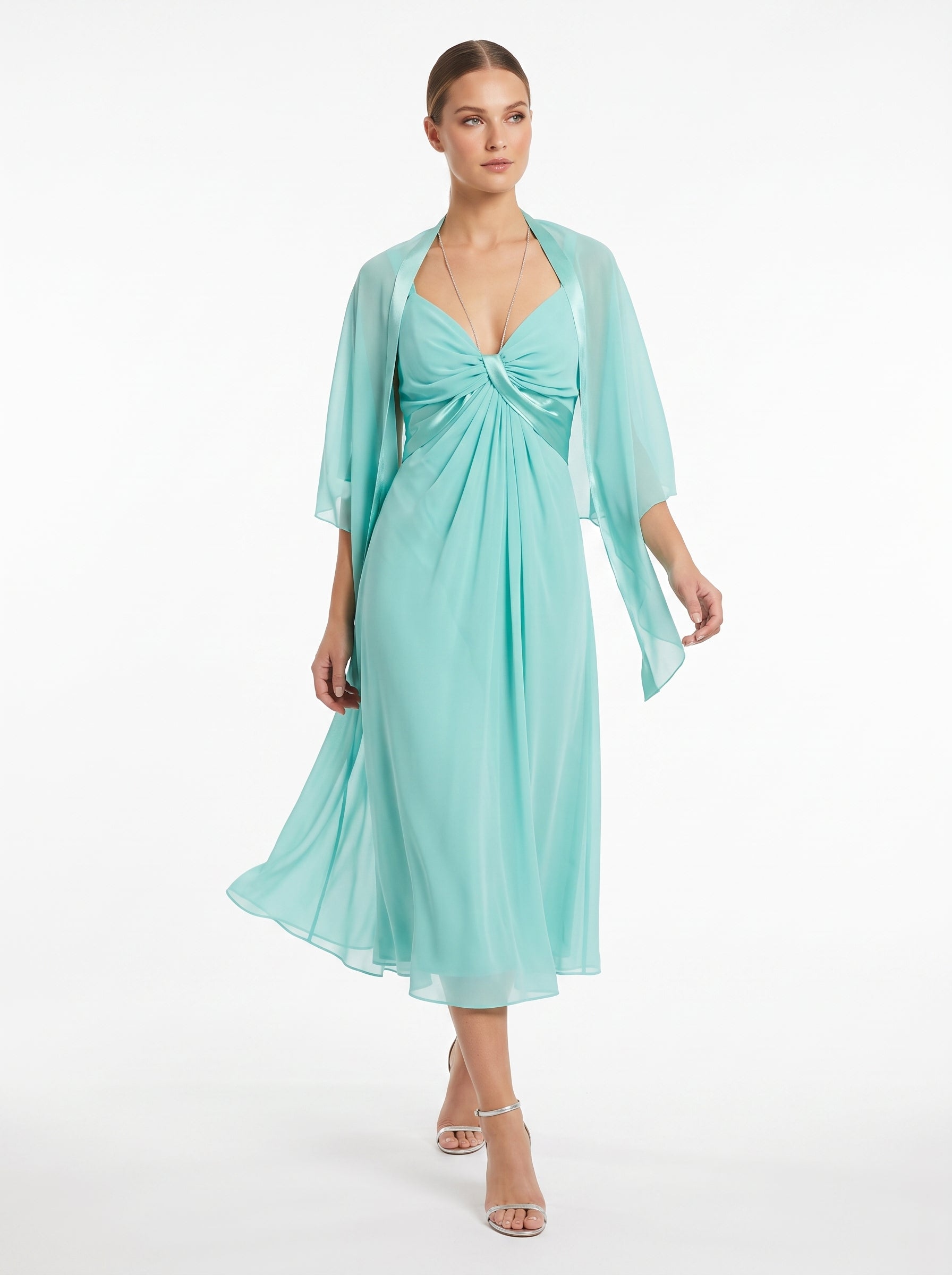 Carlo Pignatelli Midi Φόρεμα Chiffon Twisted Μπούστο με Bolero – Τσαγαλί | Made in Italy