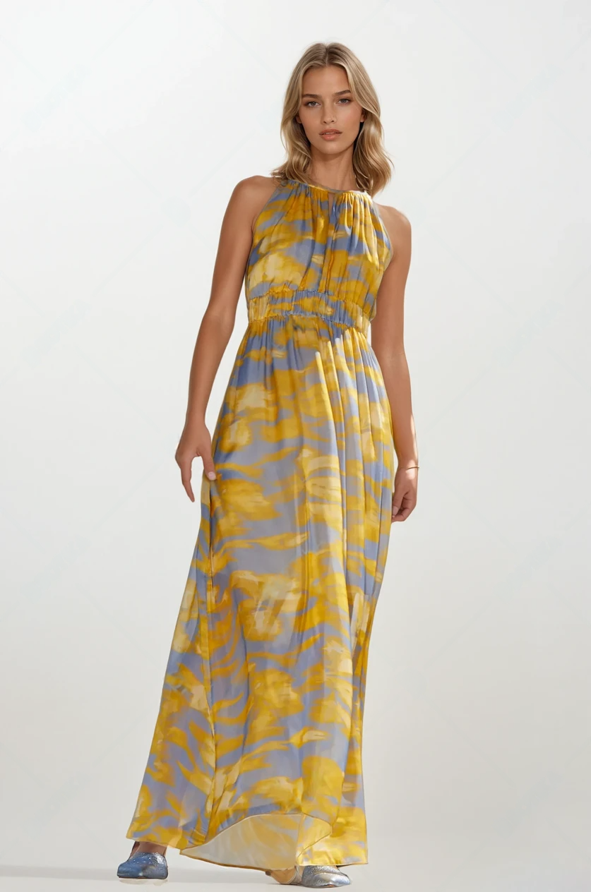 ETICI Φόρεμα Μακρύ Αμάνικο Κίτρινο Εμπριμέ image 0