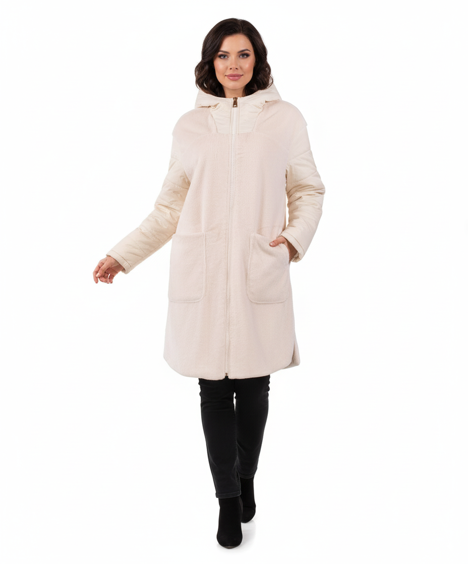 Caractere Off-White Γούνινο Μακρύ Μπουφάν με Κουκούλα