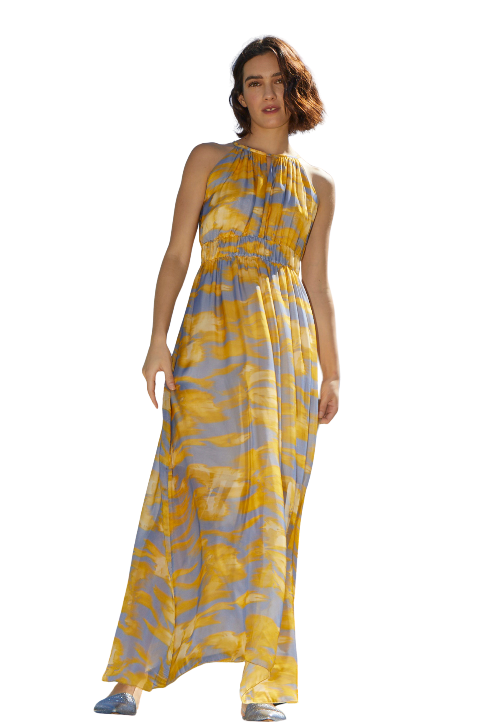 ETICI Φόρεμα Μακρύ Αμάνικο Κίτρινο Εμπριμέ image 4