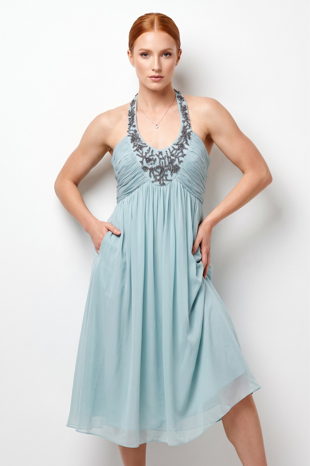 Carlo Pignatelli Βραδινό Μεταξωτό Φόρεμα | Ice Blue Halter Beaded Chiffon Φόρεμα για Γάμο