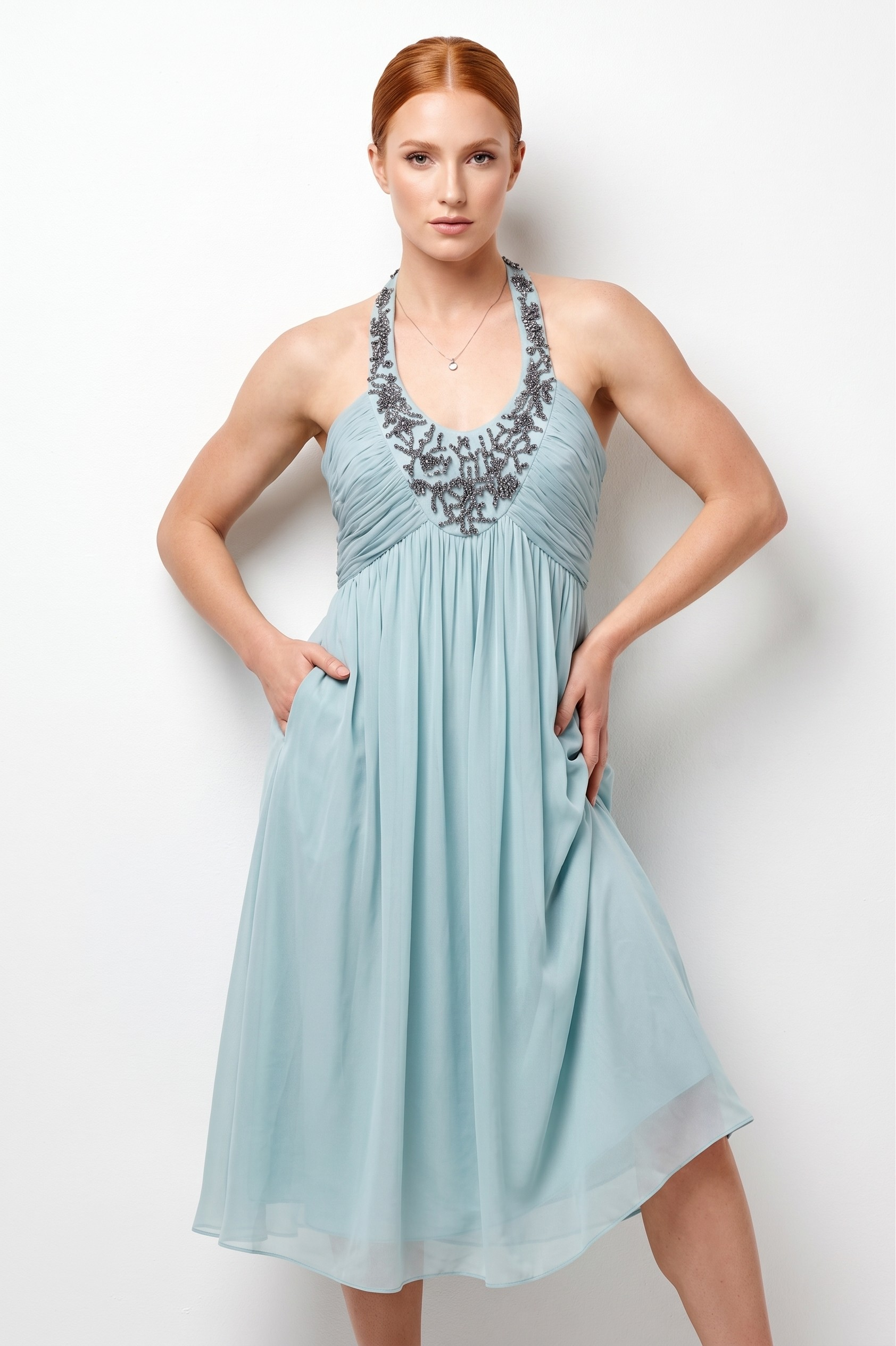 Carlo Pignatelli Βραδινό Μεταξωτό Φόρεμα | Ice Blue Halter Beaded Chiffon Φόρεμα για Γάμο