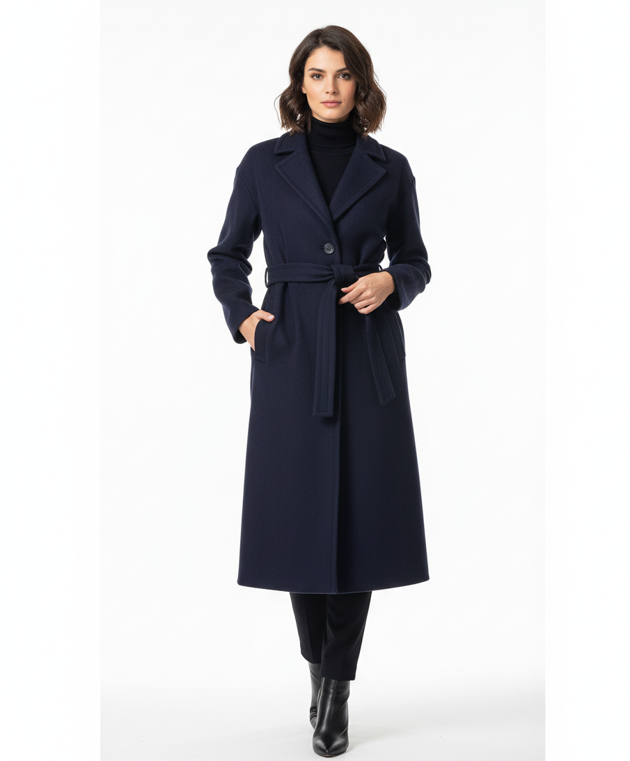 ETICI Women's Blue Long Coat with Belt