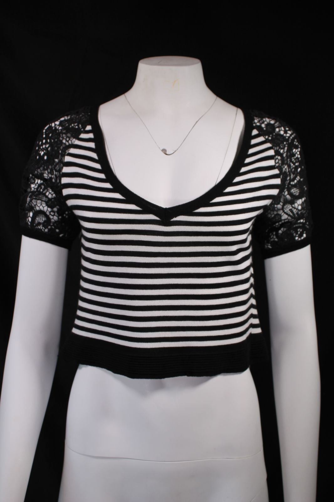 Anna Rachele Black Label Tunic Μπλούζα Ριγέ | Μαύρη Δαντέλα Μανίκι V-Neck