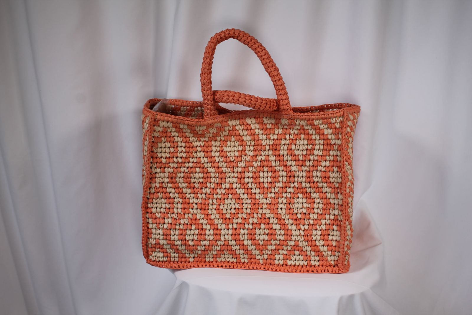 Caractère Beach Bag Πλεκτή Πορτοκαλί Εκρού | Raffia Tote Τσάντα Παραλίας Καλοκαίρι