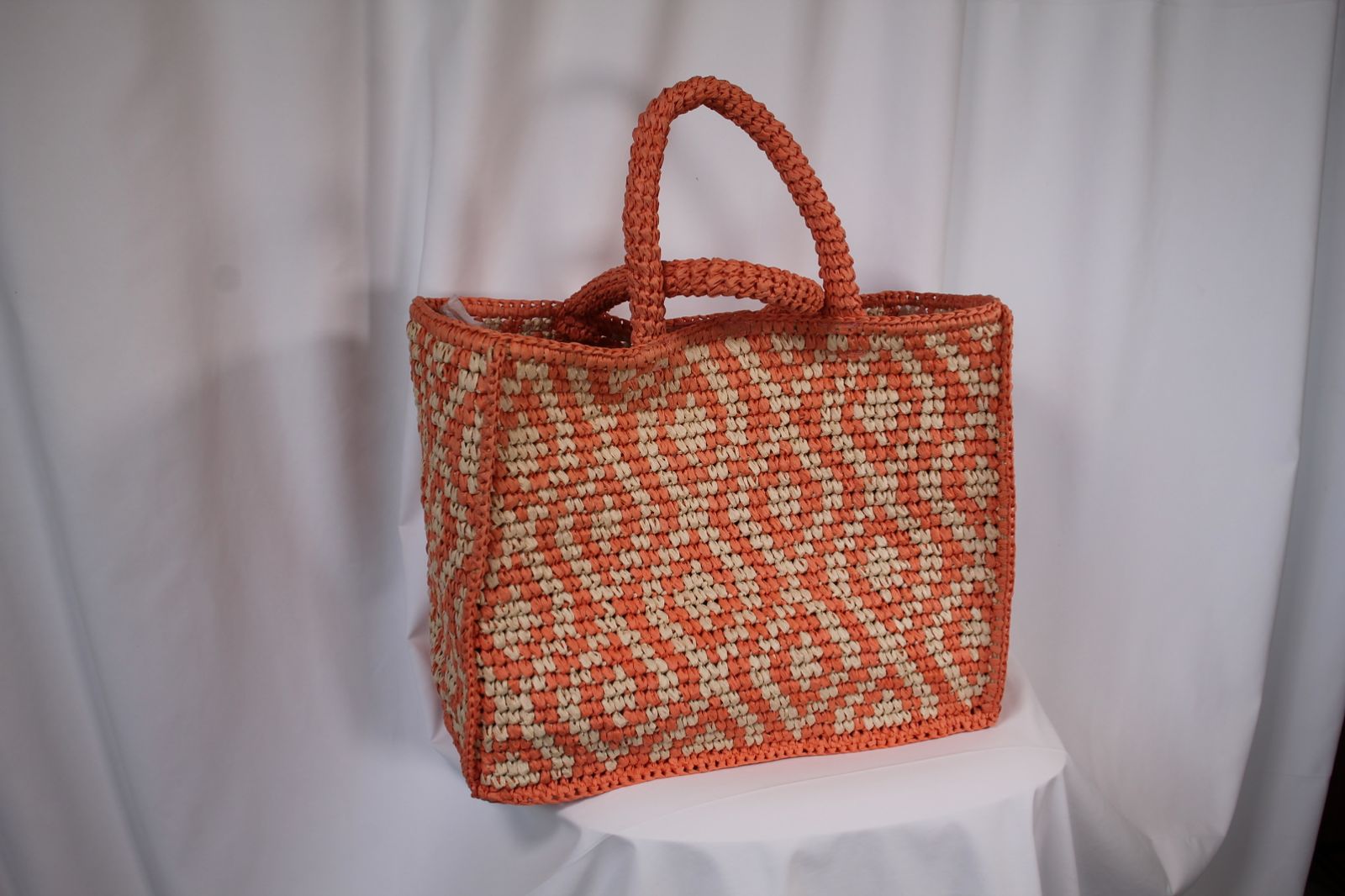 Caractère Beach Bag Πλεκτή Πορτοκαλί Εκρού | Raffia Tote Τσάντα Παραλίας Καλοκαίρι